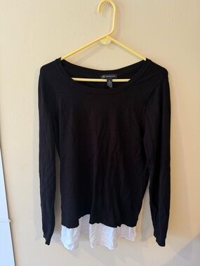 INC International Concepts Black Long Sleeve Top with White Layered Hem